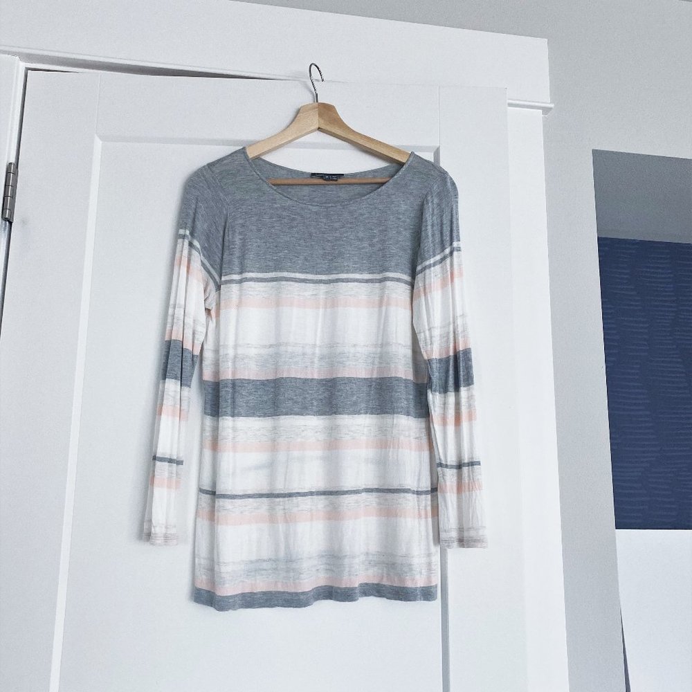 VINCE Engineered Stripe Jersey Long-Sleeve Top Tee Medium Gray/Blush/White